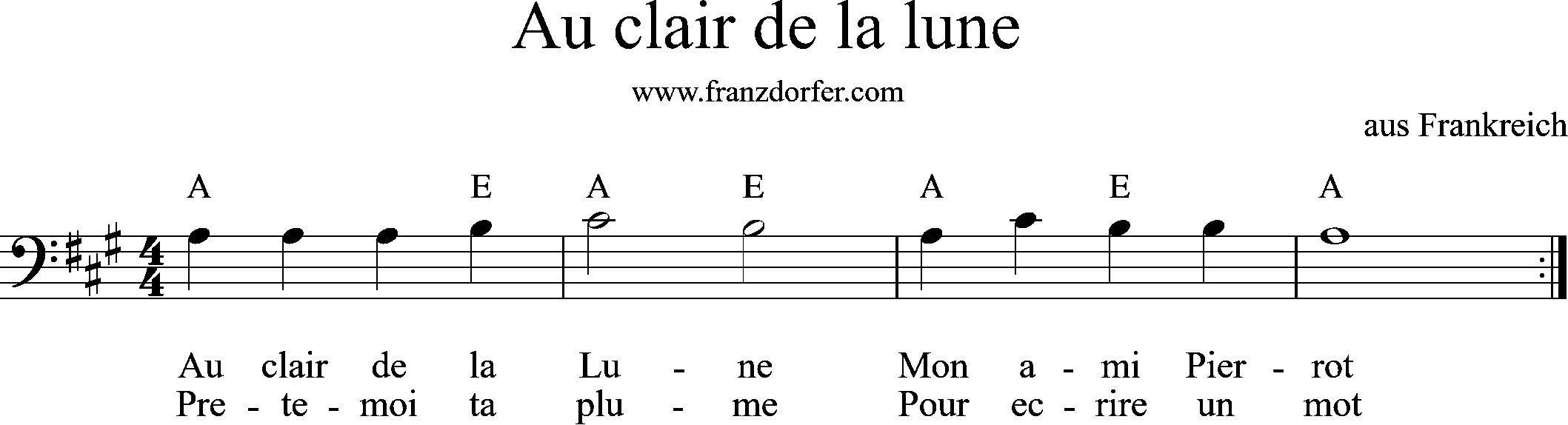 Cello, sheetmusic, A-Major, Au clair de la lune